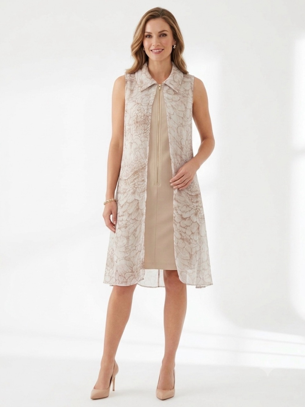 Simply Noelle Sleeveless Floral Zip Front Cardigan Vest Beige S/M (8–10)